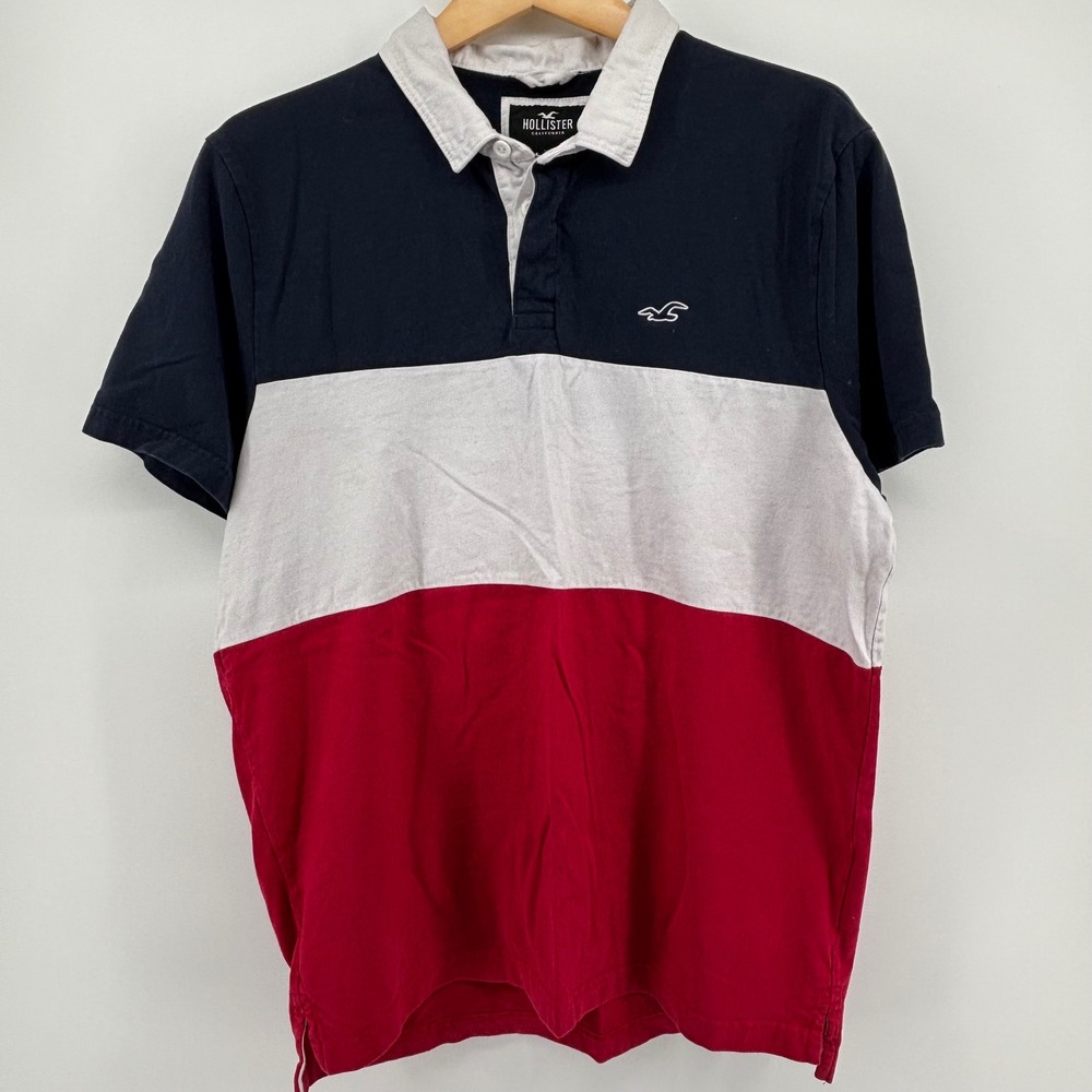 Hollister Men Colorblock Stripe Rugby Polo Shirt XL Blue White Red‎ Short Sleeve